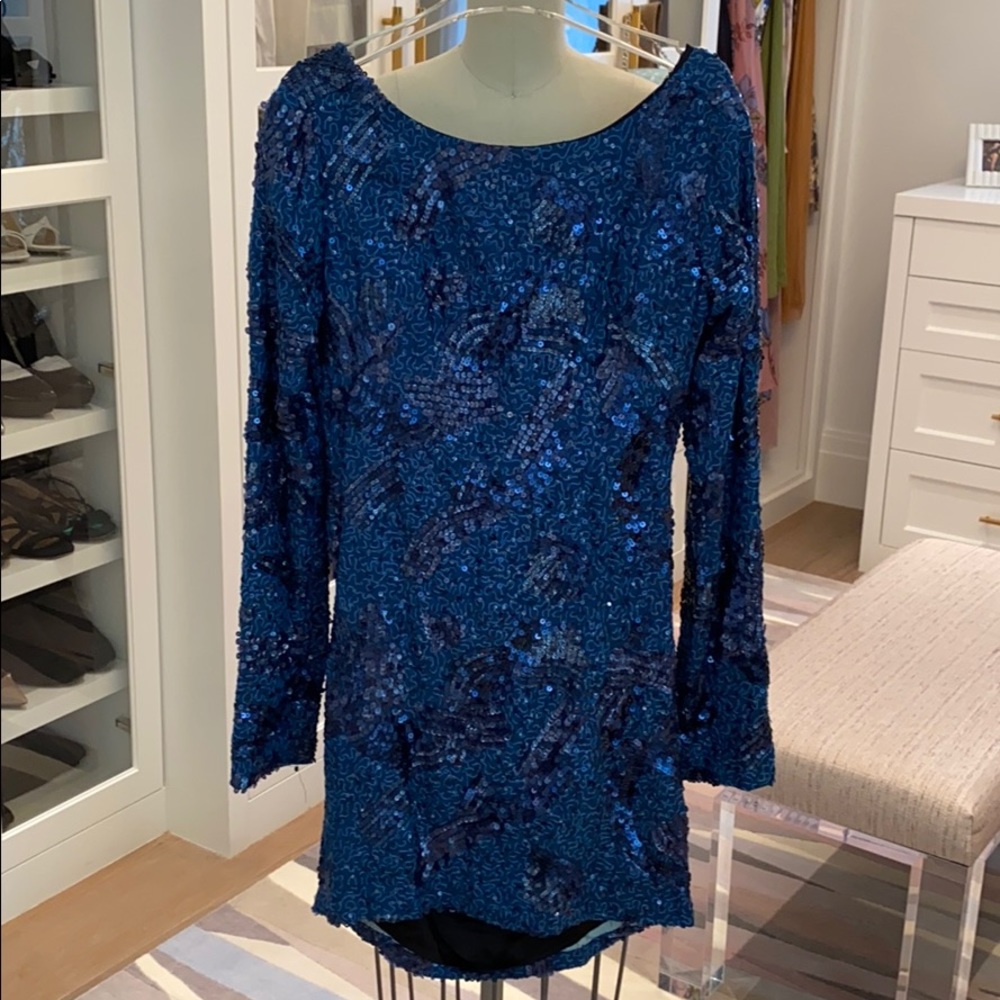 Bcbg Sequin Blue mini dress draped cowl back Small